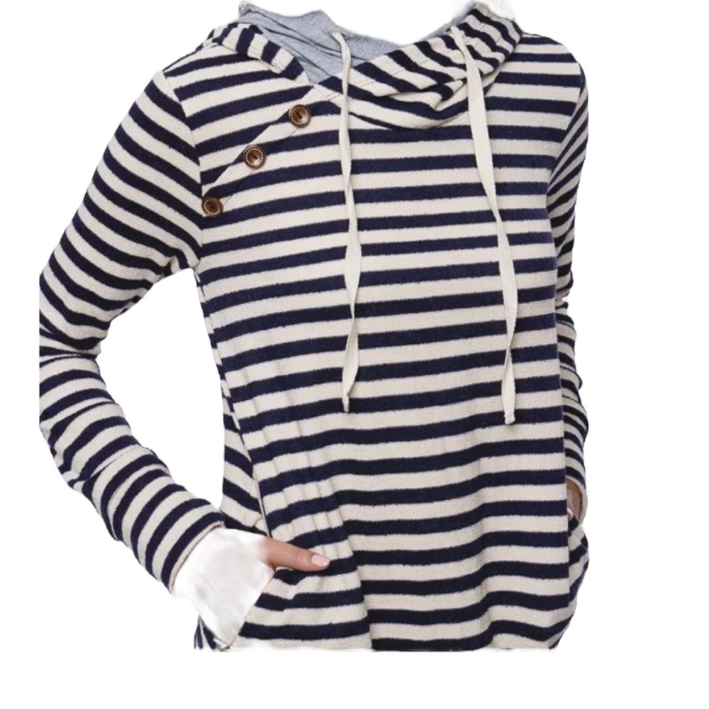 Tea N Rose Navy Blue‎ and Cream Striped Terry Hoodie Size Small